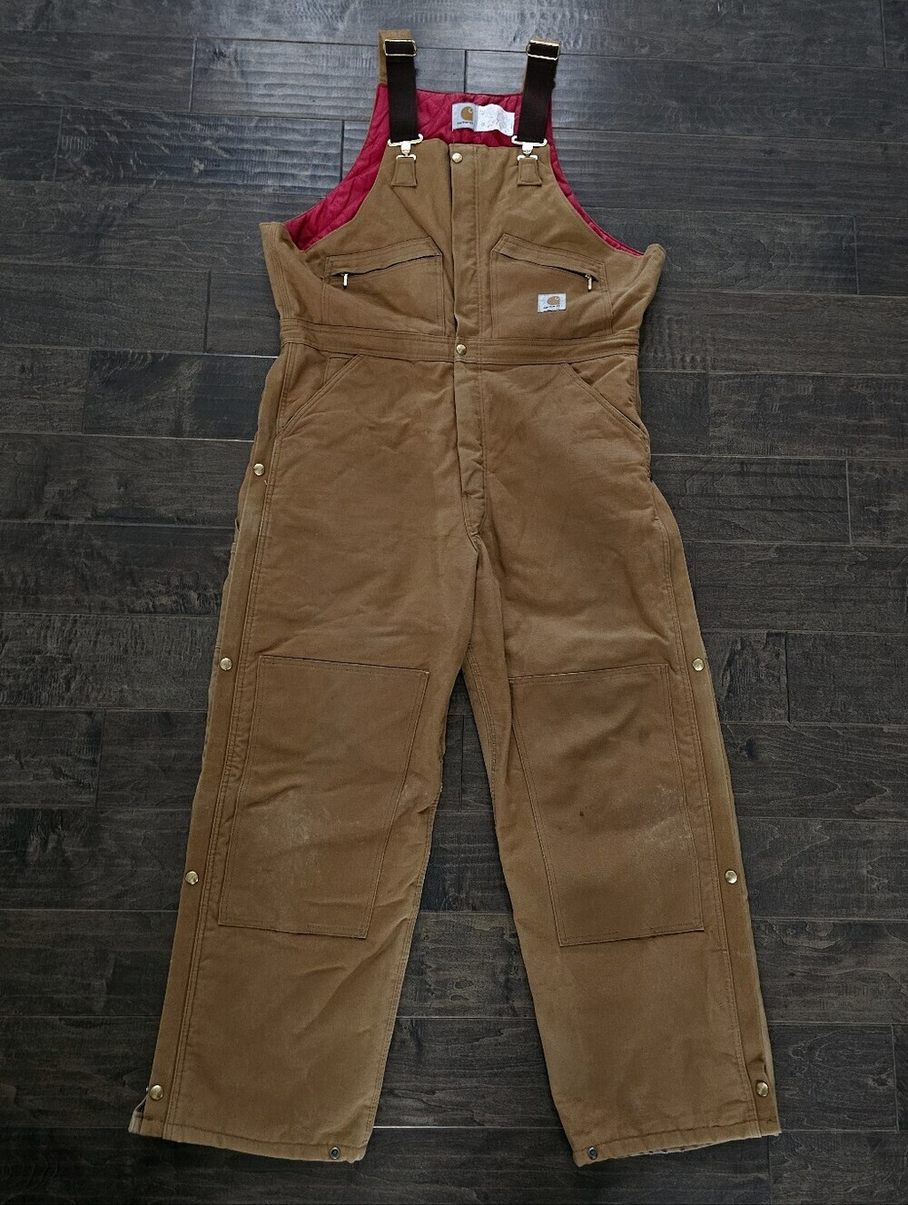 VINTAGE Beautiful Carhartt Brown Duck Bib Overalls with Red Lining Sz 40 X 30 - Picture 3 of 14
